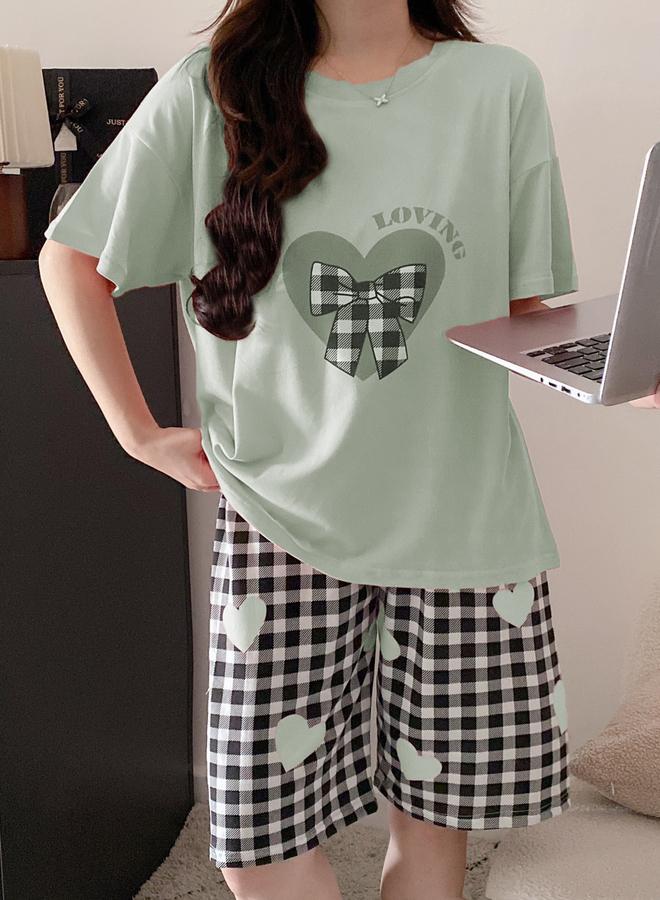 Take Two Heart Print Round Neck T-Shirt and Checked Shorts Set - Image 5