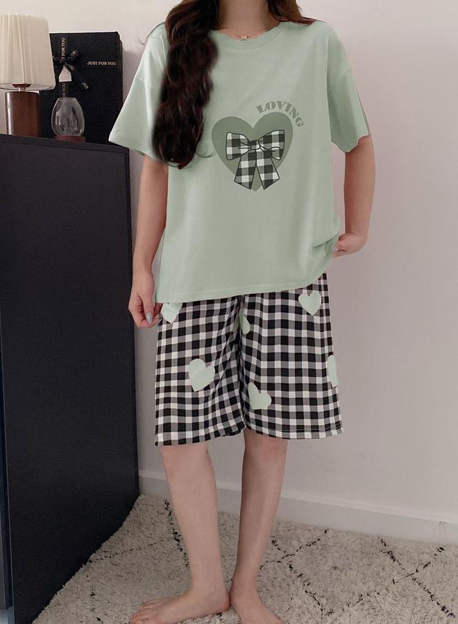 Take Two Heart Print Round Neck T-Shirt and Checked Shorts Set - Image 3