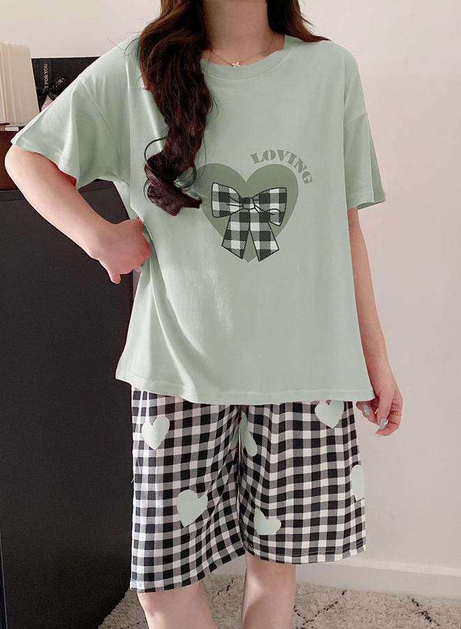 Take Two Heart Print Round Neck T-Shirt and Checked Shorts Set - Image 4