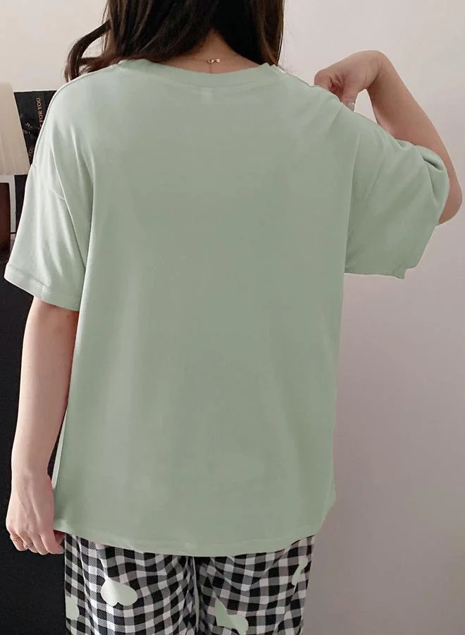 Take Two Heart Print Round Neck T-Shirt and Checked Shorts Set