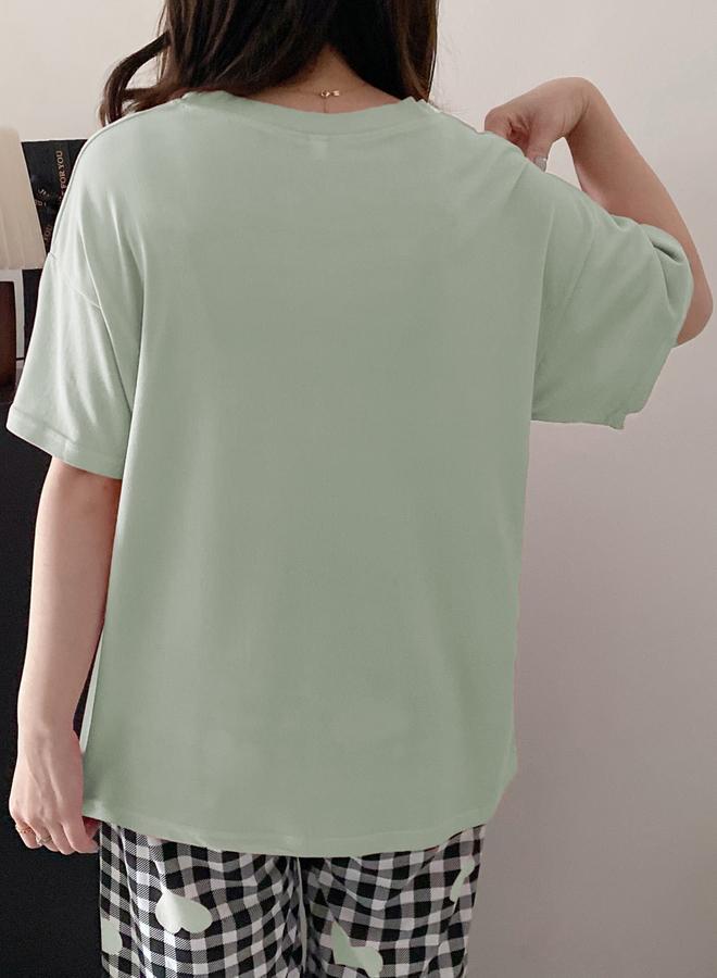Take Two Heart Print Round Neck T-Shirt and Checked Shorts Set - Image 2