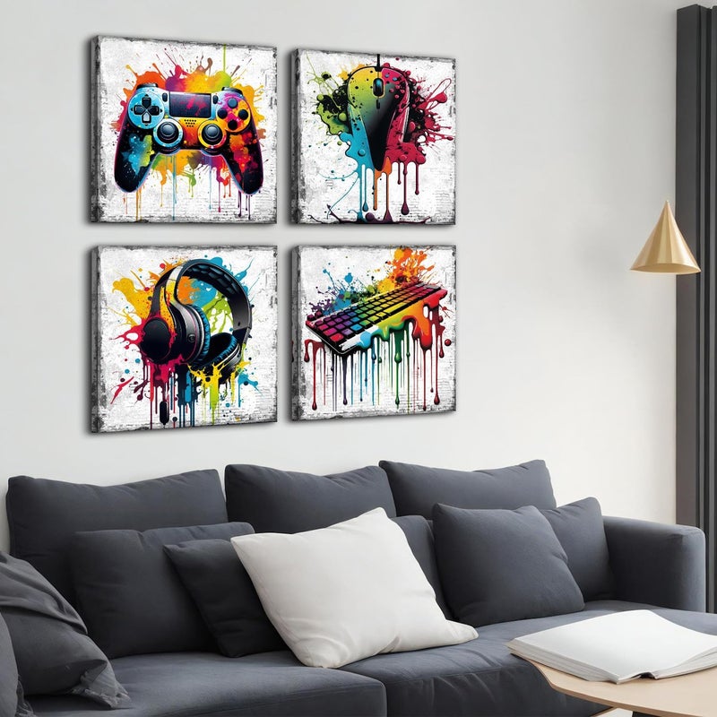YOOOAHU Banksy Wall Art Gamer Room Decor Graffiti Gaming Painting for Boys Bedroom Cool Video Game Pictures Gamepad Headphones Artwork Teen Boy Pop Game Poster Men Cave Living Room Home Decorations 20x20" 4P - Image 3