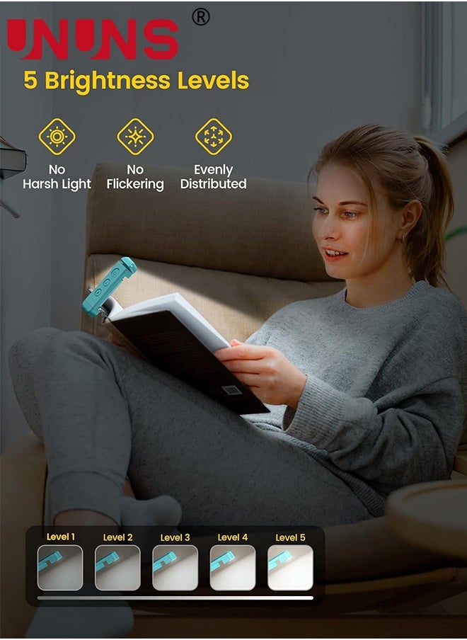 UNUNS - مصباح قراءة الكتب، مصباح كتاب قابل لإعادة الشحن عبر USB للقراءة في السرير، 3 ألوان و5 سطوع قابلة للتعتيم، صغير الحجم يدوم طويلاً، مثالي لمحبي الكتب والأطفال - Image 1