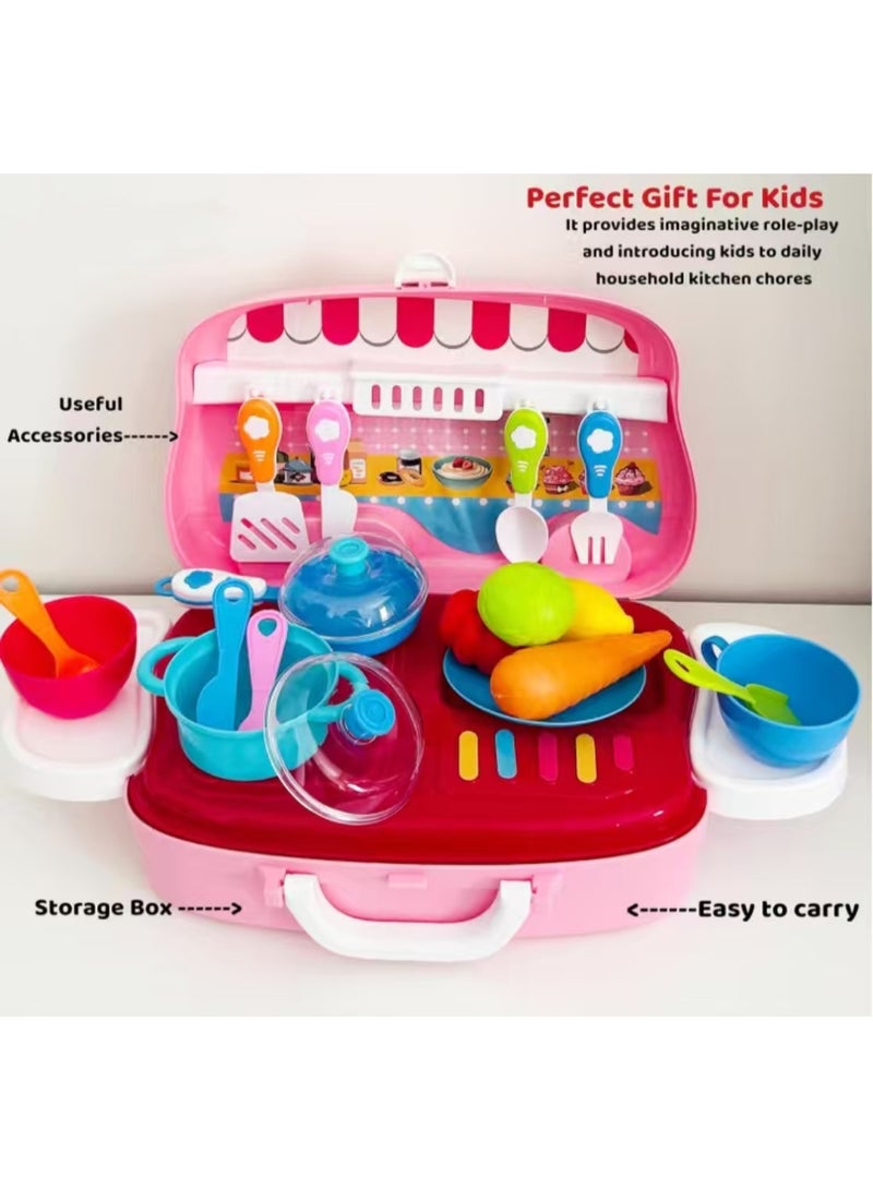 Portable Little Chef Kitchen Set: Educational Pretend Play Cooking Toys for Kids in Suitcase with Fork, Knife, Spoon, Pan, Pot, Fruits, Cups, and More – Interactive Role Play for Kids - Image 2