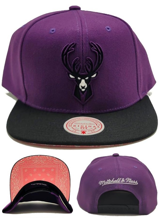 Mitchell & Ness Milwaukee Bucks New Pink Paisley UV Purple Black Snapback Hat Cap - Image 1