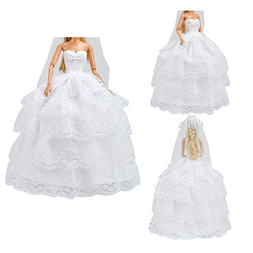 E-TING Wedding Set Beautiful Gown White Bride Dress Clothes with Veil and Groom Business Suit Outfit for Dolls（Doll Not Included） - Image 3
