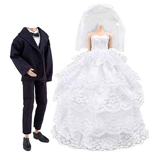 E-TING Wedding Set Beautiful Gown White Bride Dress Clothes with Veil and Groom Business Suit Outfit for Dolls（Doll Not Included） - Image 1