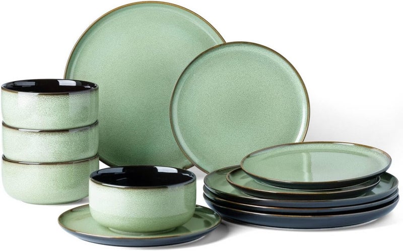 LERATIO Ceramic Dinnerware Sets for 412 Pieces Poreclain Plates and Bowls SetsScratch Resistant DishesDishwasher  Microwave Safe Dishes SetService for 4Light Geen - Image 1