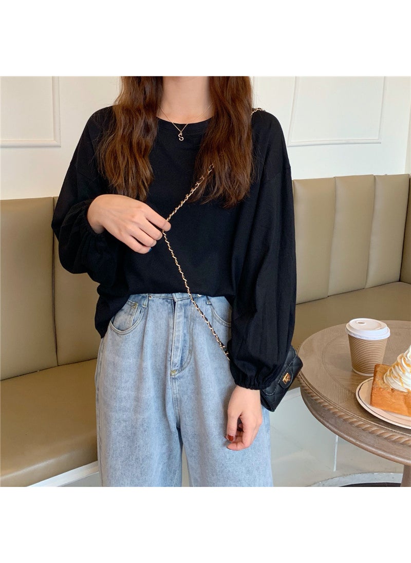 Generic - Sweet Loose-fit Solid Color Long Sleeve T-shirt For Women Trendy Base Layer Top Lantern Sleeves Black - Image 1