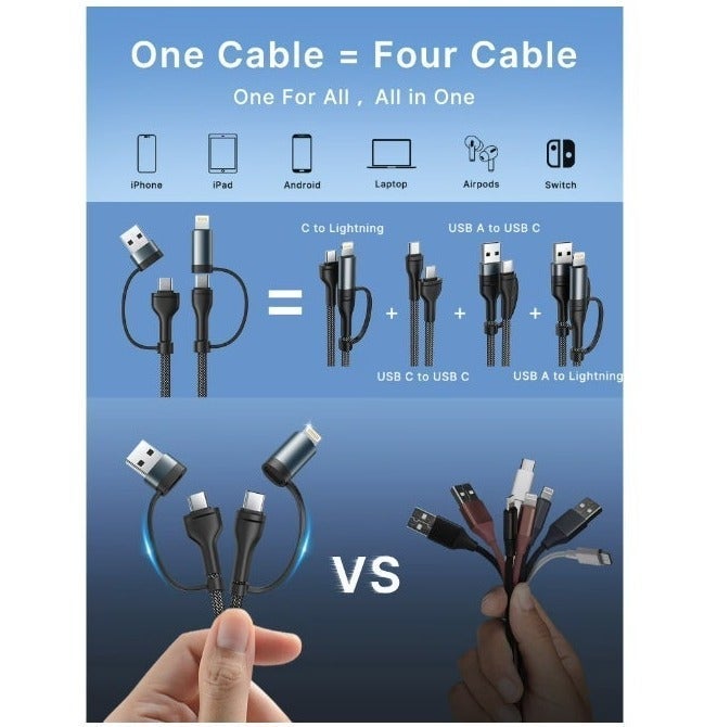 iOsuite 4-in-1 USB-A + USB-C to USB-C & Lightning Cable 60W Fast Charging for iPhone 8–17, iPad, Samsung & Android – Zinc Alloy Head, Braided Nylon, Multi-Interface Charging 1.2M – Black (DC79) - Image 3