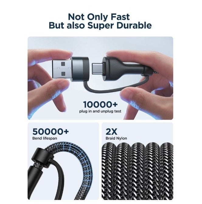 iOsuite 4-in-1 USB-A + USB-C to USB-C & Lightning Cable 60W Fast Charging for iPhone 8–17, iPad, Samsung & Android – Zinc Alloy Head, Braided Nylon, Multi-Interface Charging 1.2M – Black (DC79) - Image 5