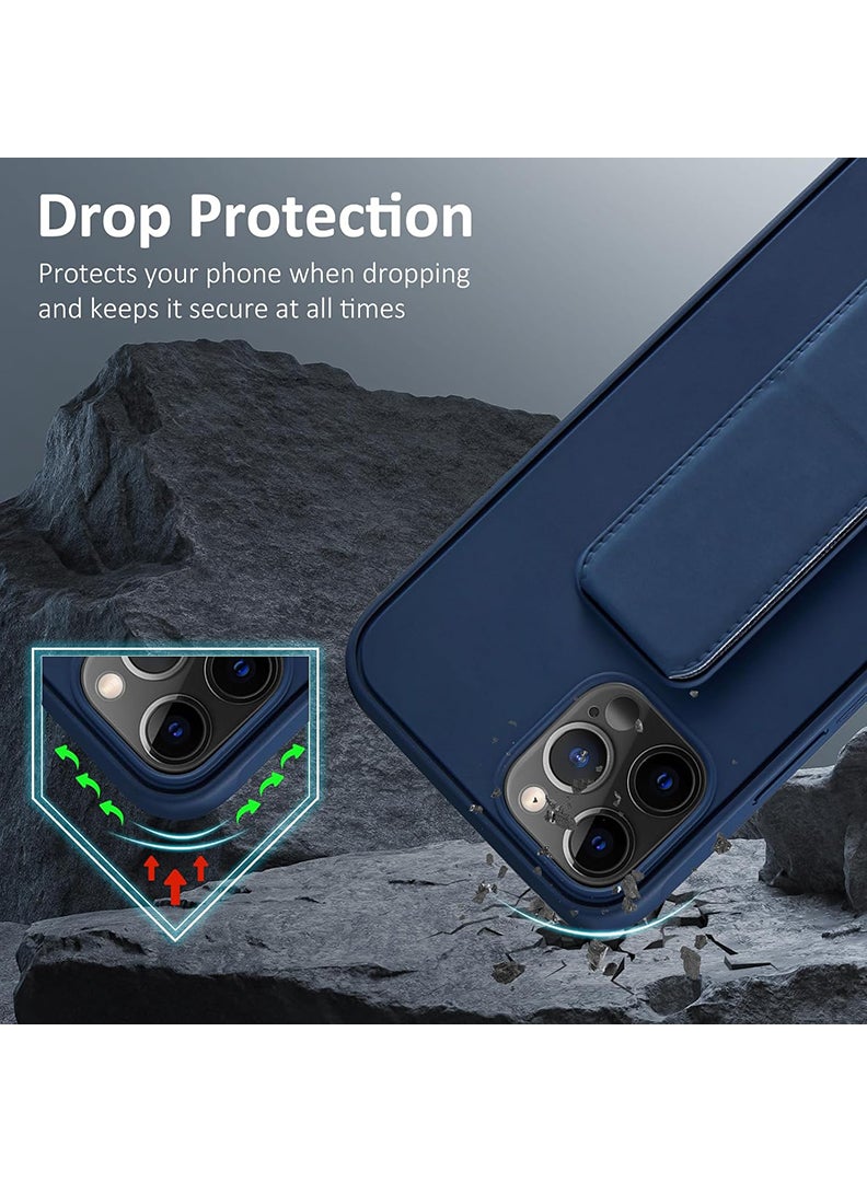 رفع القضية جراب متوافق مع هاتف Apple iPhone 14 Pro Max مع حامل مغناطيسي وحامل، جراب وحامل حزام إصبع من السيليكون الممتاز مع حامل تثبيت في السيارة - أزرق داكن - Image 4