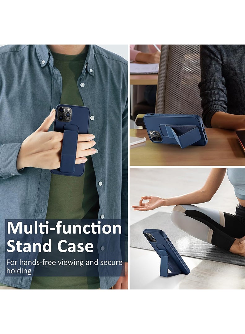 رفع القضية جراب متوافق مع هاتف Apple iPhone 14 Pro Max مع حامل مغناطيسي وحامل، جراب وحامل حزام إصبع من السيليكون الممتاز مع حامل تثبيت في السيارة - أزرق داكن - Image 2