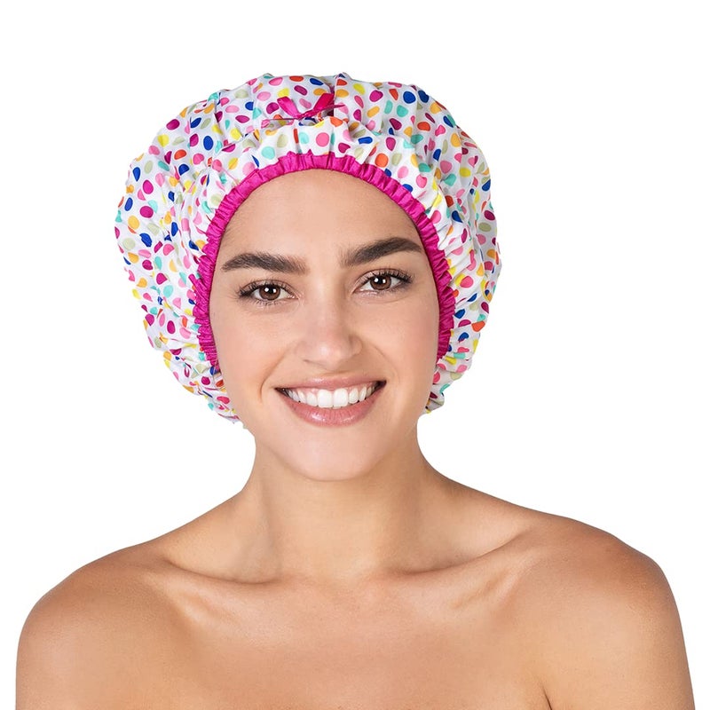 Betty Dain Reusable Bath & Shower Cap Lined, Oversized Waterproof Shower Caps Large Designed for all Hair Lengths with PEVA Lining & Elastic Band Stretch Hem Hair Hat - Fashionista Deco Dots - Image 1