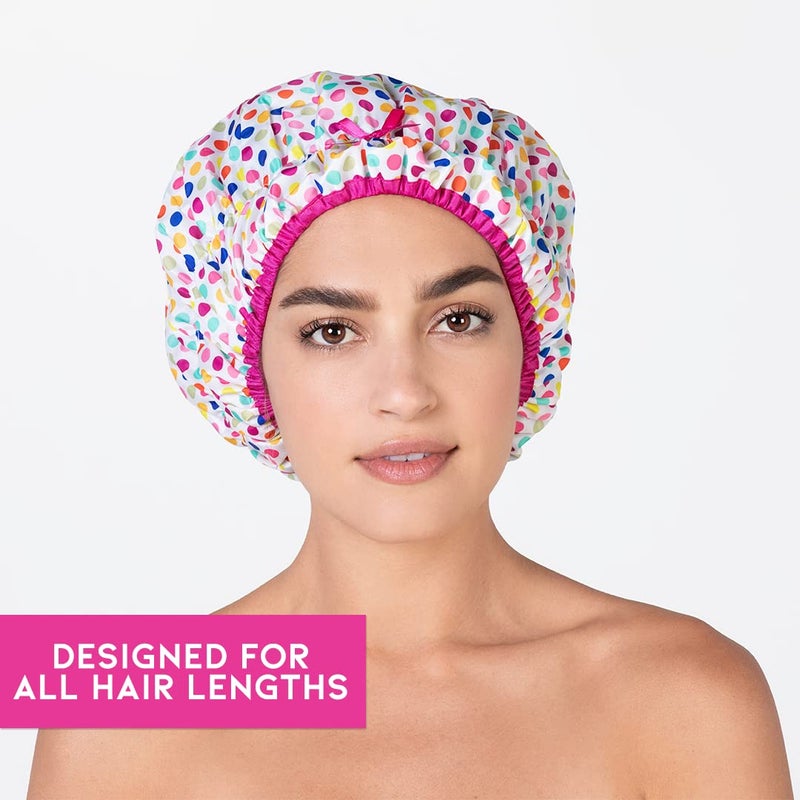 Betty Dain Reusable Bath & Shower Cap Lined, Oversized Waterproof Shower Caps Large Designed for all Hair Lengths with PEVA Lining & Elastic Band Stretch Hem Hair Hat - Fashionista Deco Dots - Image 5