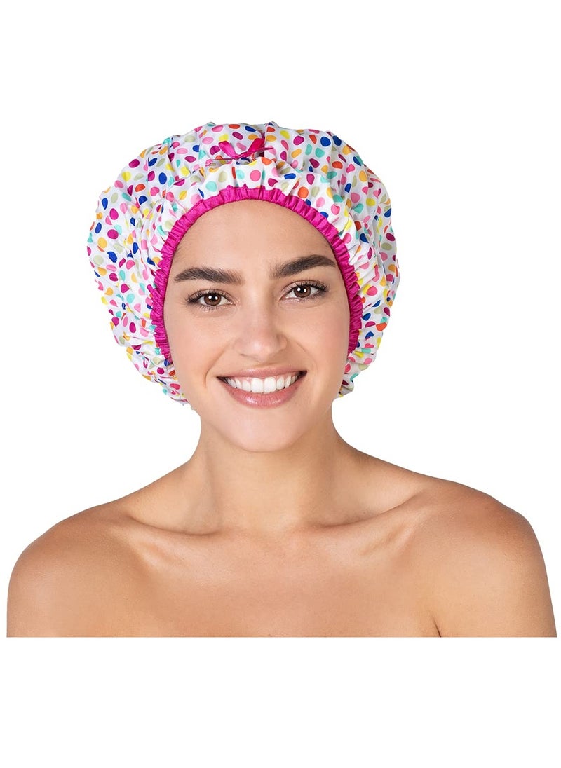 Betty Dain Reusable Shower Cap & Bath Cap & Lined, Oversized Waterproof Shower Caps Large Designed for all Hair Lengths with PEVA Lining & Elastic Band Stretch Hem Hair Hat - Fashionista Deco Dots  - Image 4