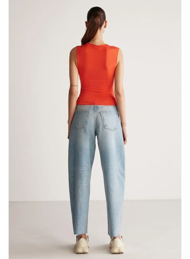 GRIMELANGE Grimelange Ginny Women's Sandy Stretch Fabric Open Hem Bodycon Sleeveless Coral Blouse