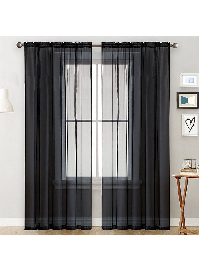 Sheer Curtains Living Room Rod Pocket Window Curtain Panels Bedroom Semi Sheer Voile Curtains Black (39''Wx98''L2 Panels)  - Image 1