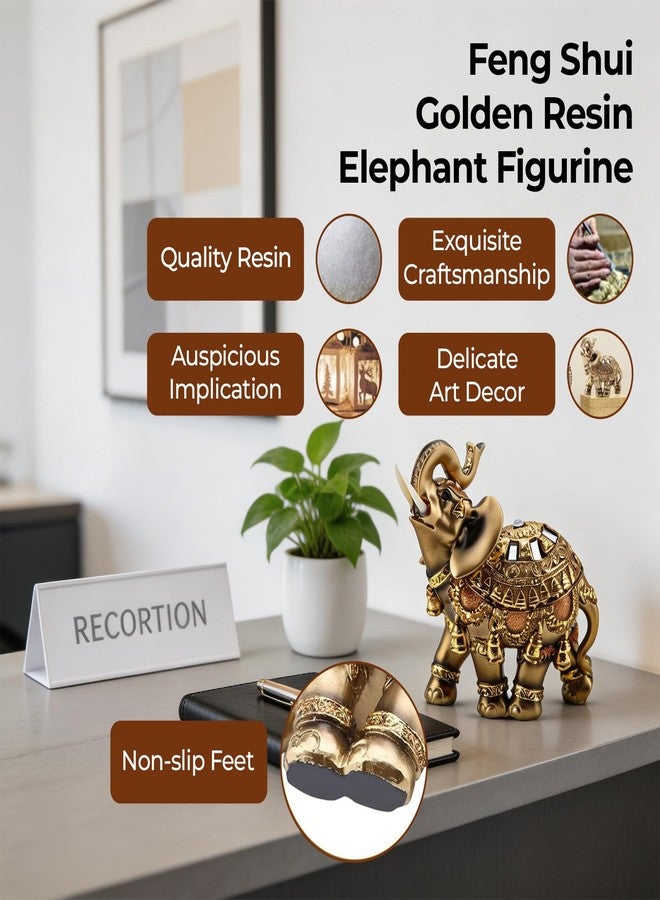 Moncer Elephant Statue, Feng Shui Lucky Elephant Figurine, Golden Elegant Sculpture Wealth Figurine Home Decoration (L) 4.5 x 2.4 x 4.5in - Image 3