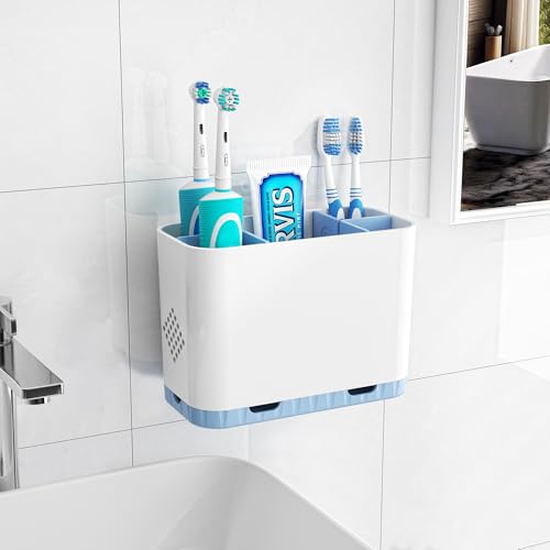 Homtalker Toothbrush and Toothpaste Holders for Bathrooms Countertop - Detachable 5 Slots Kids Electric Toothbrush Holders Set Wall Mounted with Removable Dividers for Bathroom Decor and Accessories Organizer - Image 1