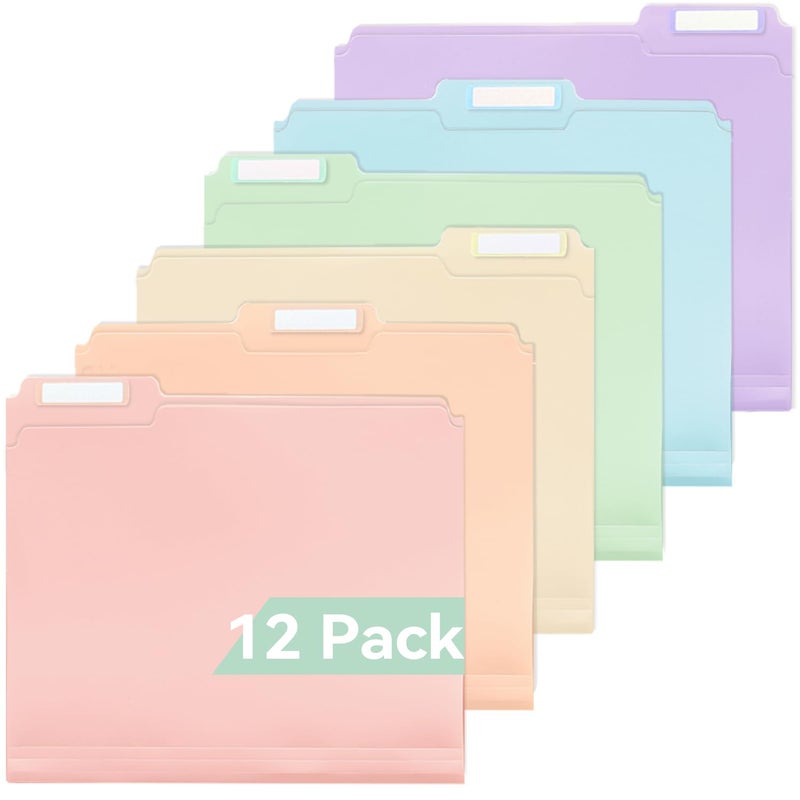 SortRax Plastic Manila Folders 8.5 x 11, 12 Pack, Poly Pastel File Folders, 1/3-Cut Tabs with Colorful Labels, Letter Size - Image 1
