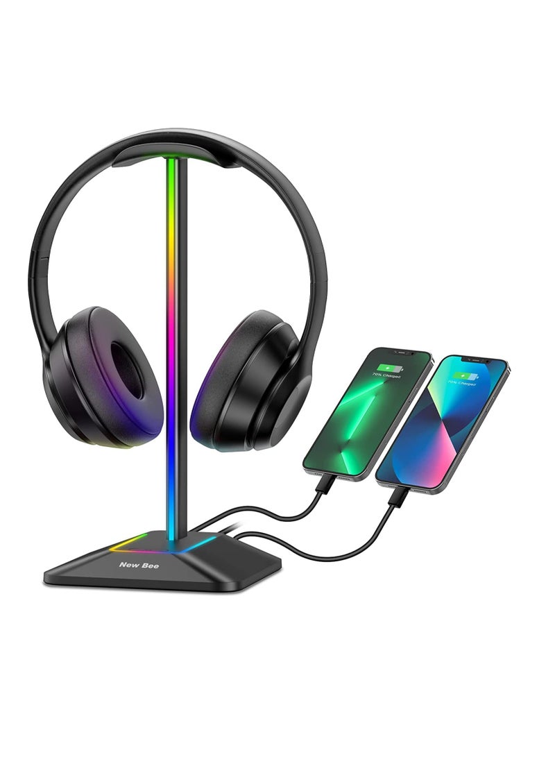 SOLARAE RGB Light Headphone Stand, with 1 USB-C Charging Port and 1 USB Charging Port, Desk Gaming Headset Holder, 7 Light Modes and Silicone Non-Slip Base for All Earphone Accessories - Image 1