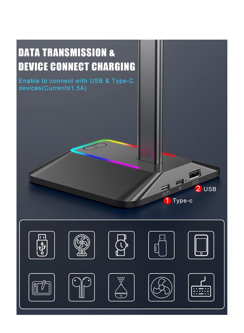 SOLARAE RGB Light Headphone Stand, with 1 USB-C Charging Port and 1 USB Charging Port, Desk Gaming Headset Holder, 7 Light Modes and Silicone Non-Slip Base for All Earphone Accessories - Image 3