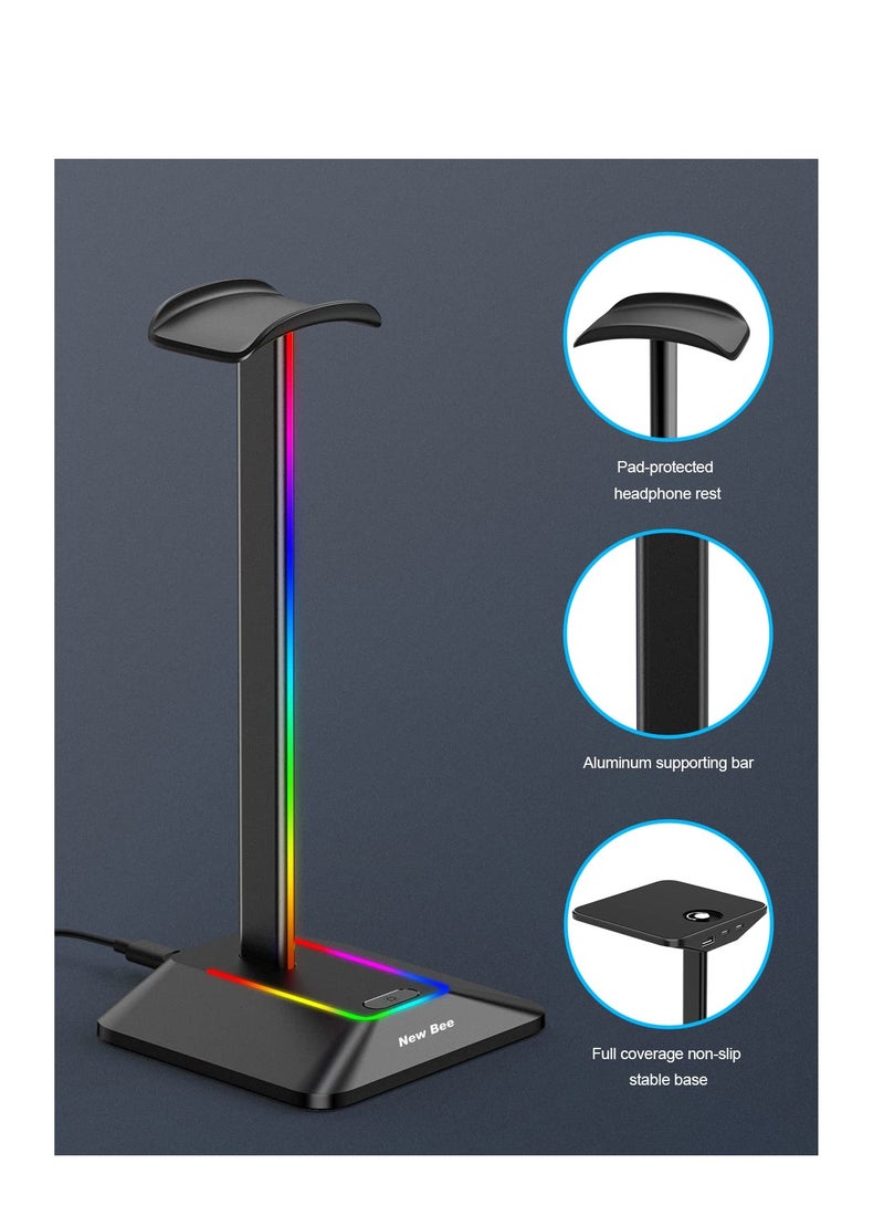 SOLARAE RGB Light Headphone Stand, with 1 USB-C Charging Port and 1 USB Charging Port, Desk Gaming Headset Holder, 7 Light Modes and Silicone Non-Slip Base for All Earphone Accessories - Image 4