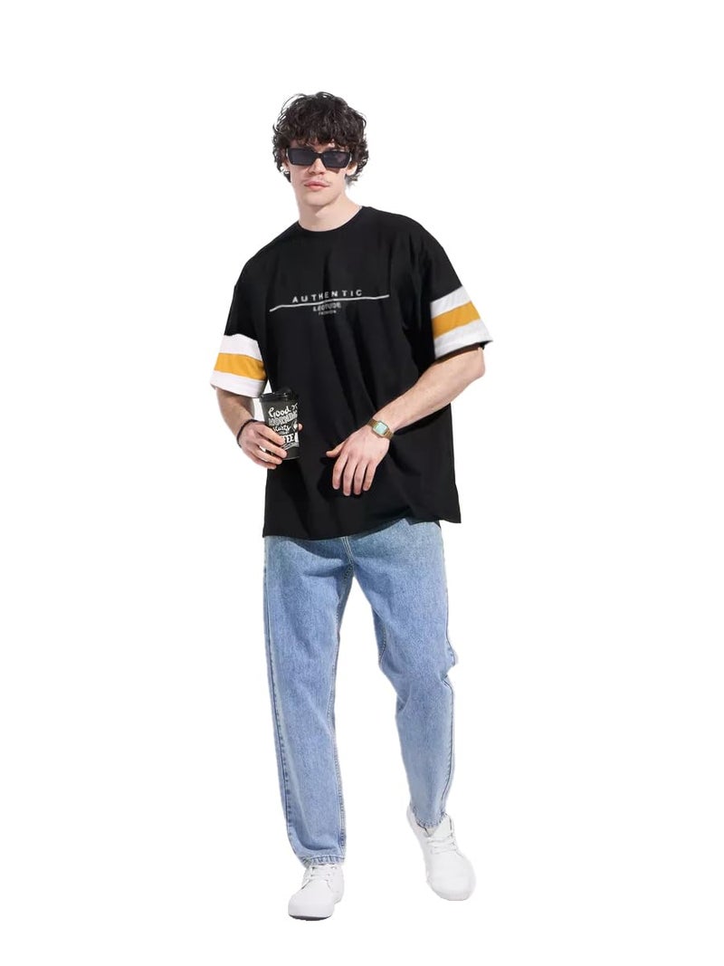 LEOTUDE Men's Cottonblend Oversized Round Neck T-Shirt (SP-600P3OCO23VQ50US_1Black_M) Black - Image 2