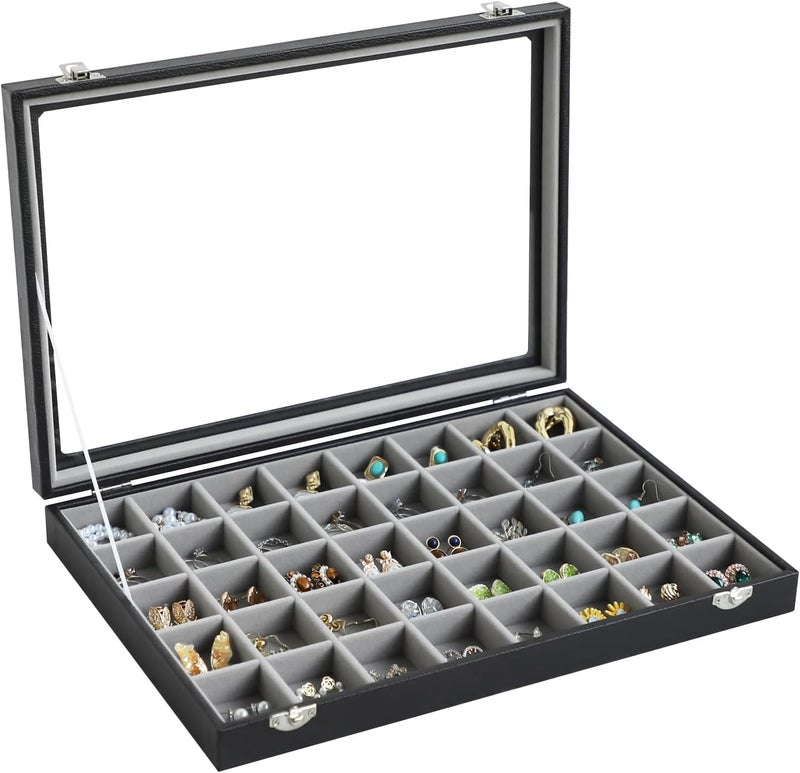Stratalife Jewelry Organizer 40 Grid Gray Black Jewelry Tray with Clear Dust-proof Lid Velvet Earring Organizer Necklace Rings Holder Display Drawer Storage Case for Women - Image 1