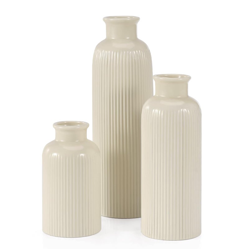 GUKJOB Beige Ceramic Vase Set of 3, Boho Modern Beige Flower Vase Room Decor, Farmhouse Decor, Vases for Your Kitchen, Bathroom, Bedroom, Living Room, Office&Shelf Centerpiece Table Decorations - Image 1