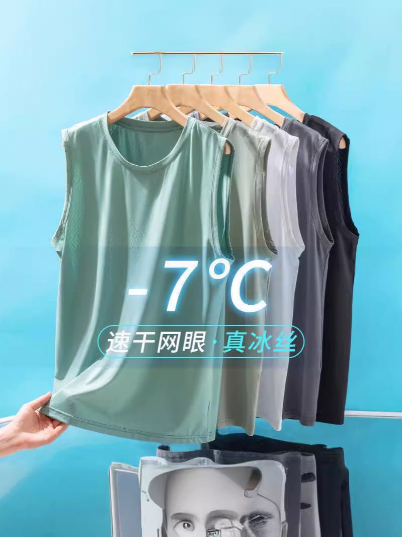 Ice Silk Vest Men'S Summer Outer Wear Thin Loose Plus Size Mesh Breathable Sports Fitness Quick-Drying Sleeveless T-Shirt Trendy - Image 2
