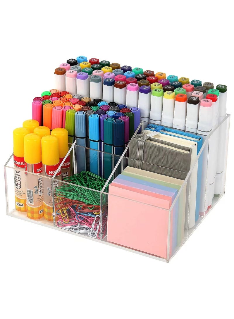 TPGP Acrylic Pencil Pen Holder, Clear Desk Organizer with 7 Compartments, Desktop Stationery Organizer Storage Tray for Home Office School Art Supplies - Image 2