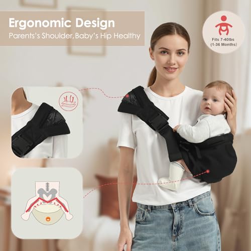 Shiaon Baby Sling Carrier Newborn to Toddler, Adjustable Toddler Carrier Sling Baby Carrier Toddlers Sling Carriers Hip Carriers for 7-40lbs, Black - Image 3