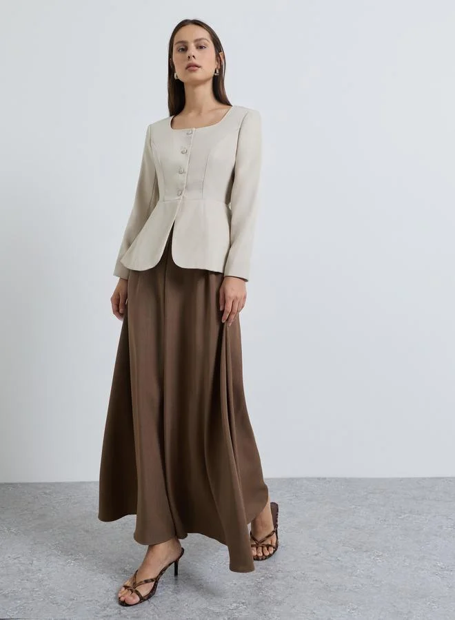 Styli Beige Fitted Peplum Top with Button Front