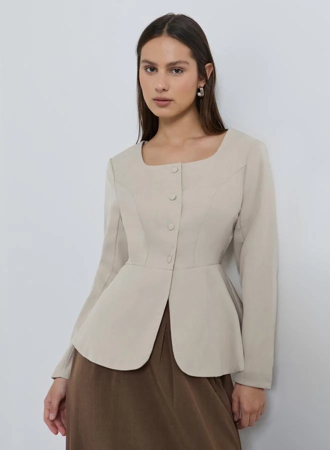 Styli Beige Fitted Peplum Top with Button Front