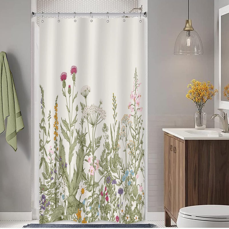 Riyidecor Stall Wildflower Small Half Shower Curtain 36Wx72H Inch Farmhouse Flower Botanical Floral Plant Herbs Vintage Decor Bathroom Windows Fabric Polyester Waterproof 7 Pack Plastic Hooks - Image 3