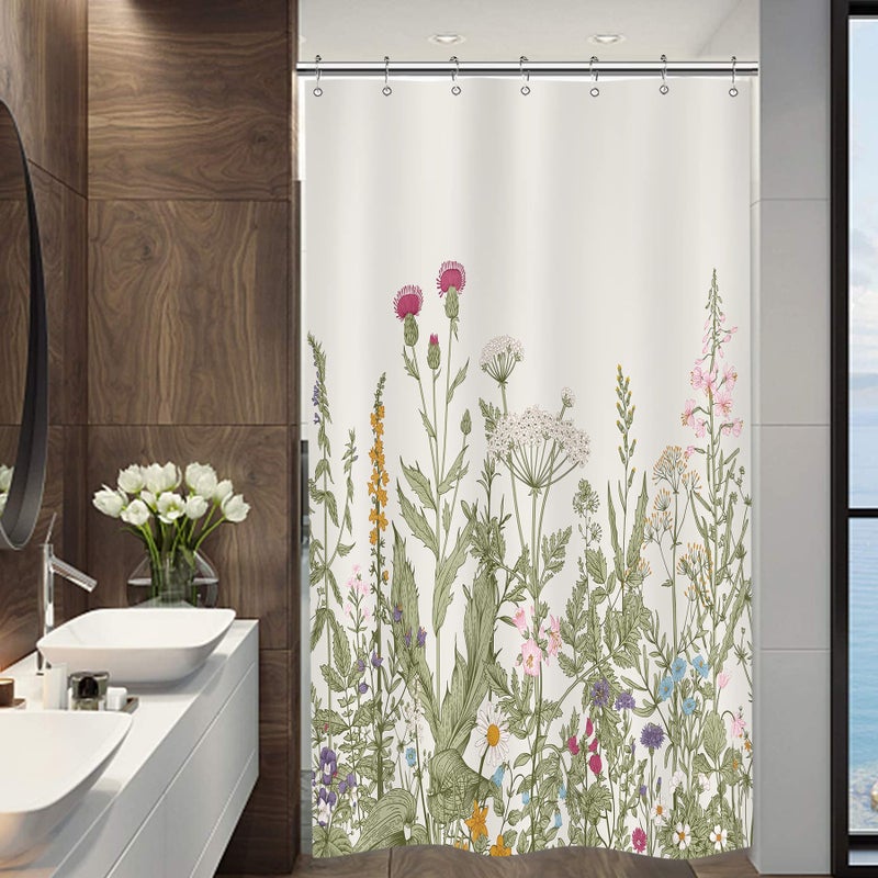 Riyidecor Stall Wildflower Small Half Shower Curtain 36Wx72H Inch Farmhouse Flower Botanical Floral Plant Herbs Vintage Decor Bathroom Windows Fabric Polyester Waterproof 7 Pack Plastic Hooks - Image 1