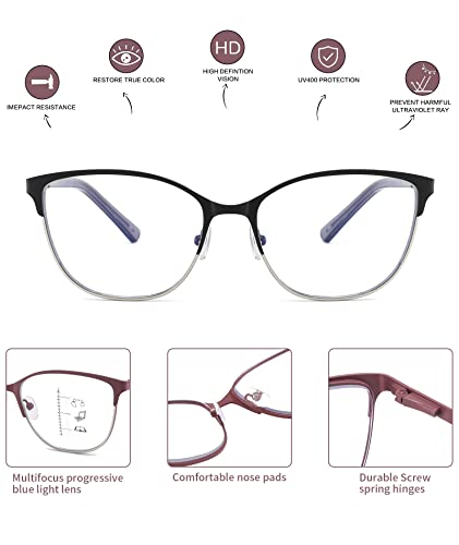 Kafirlo Progressive Multifocal Reading Glasses Women Metal Frame No Line Multifocus Transition Blue Light Blocking Computer Readers Multi Focus Stylish Designer Ladies Lightweight Cateye Eyeglass 1.25 - Image 5