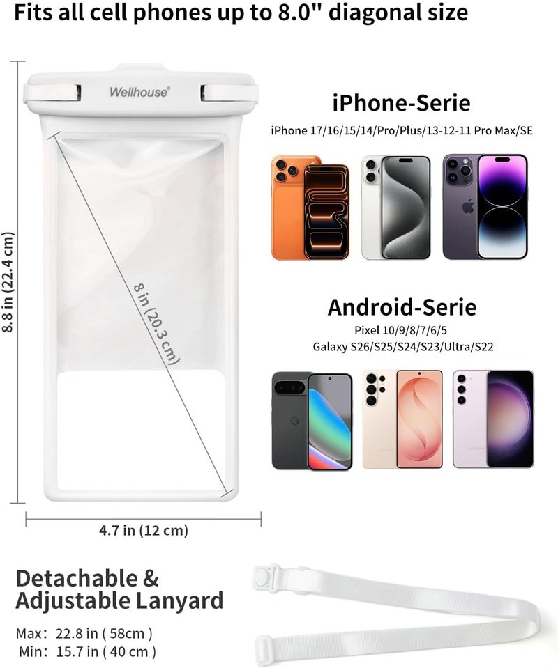 Wellhouse Waterproof Phone Pouch, Waterproof Phone Case for iPhone 16 15 14 13 12 Pro Max XS Samsung, IPX8 3D Cellphone Dry Bag Beach Essentials (1 Pack - White8.0, 8 inch) - Image 4
