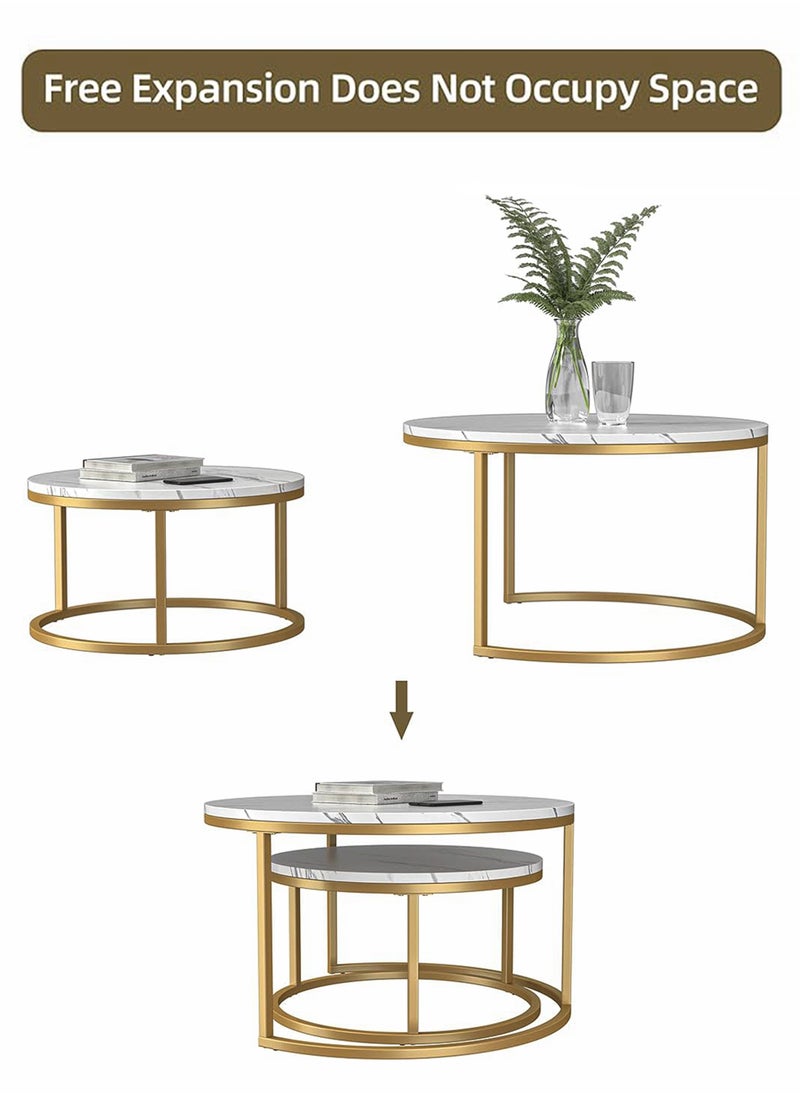 DBLEW - Modern Faux Marble Finish Round Nesting Coffee Table Set of 2 One Small and One Big Side Tea Tables with Golden Steel Base Space Saving Design Durable 3mm Glass Top Waterproof and Scratch-Resistant Perfect for Home Living Room Bedroom Outdoor Garden Patio or Small Spaces Versatile End Table, Sofa Side, Center Table Bedside Tables Stackable Accent Table - Image 1