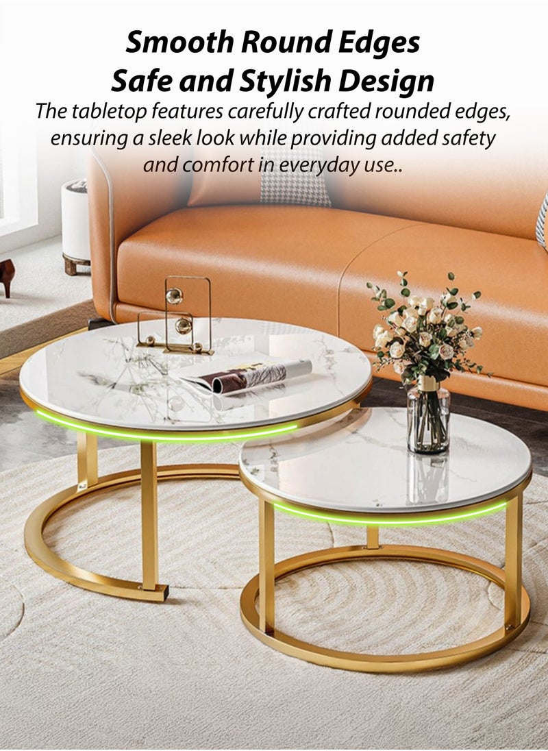 DBLEW - Modern Faux Marble Finish Round Nesting Coffee Table Set of 2 One Small and One Big Side Tea Tables with Golden Steel Base Space Saving Design Durable 3mm Glass Top Waterproof and Scratch-Resistant Perfect for Home Living Room Bedroom Outdoor Garden Patio or Small Spaces Versatile End Table, Sofa Side, Center Table Bedside Tables Stackable Accent Table - Image 1