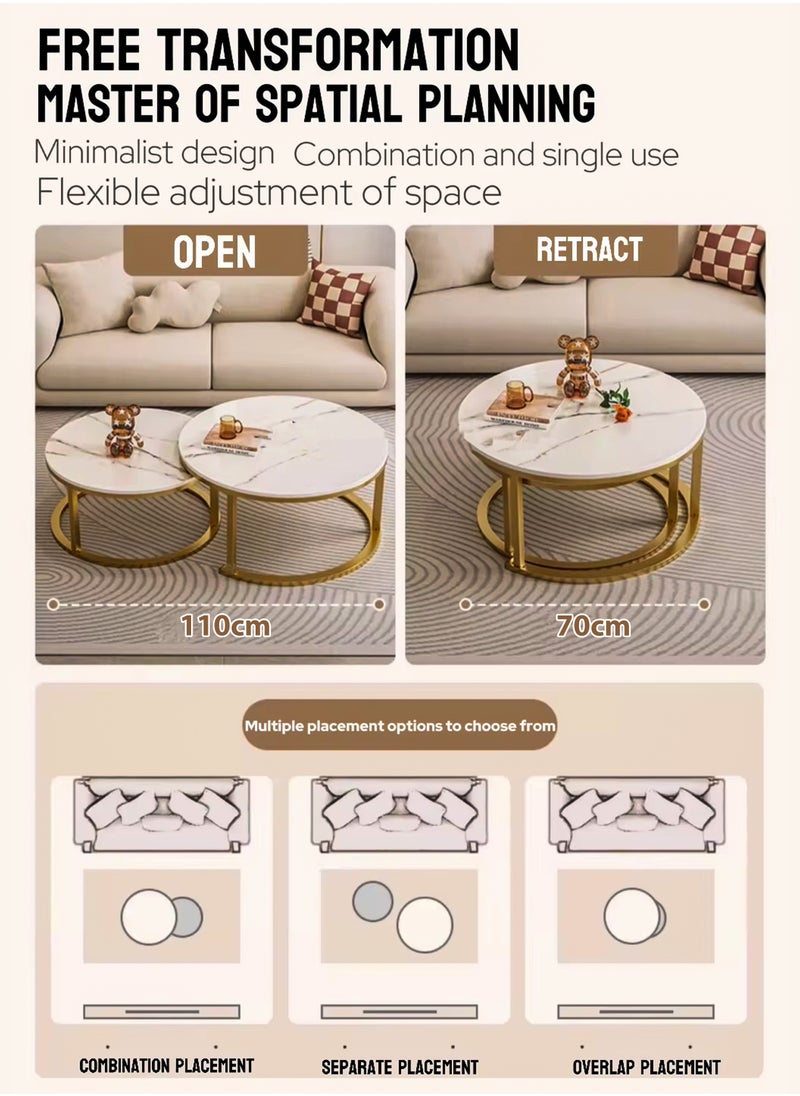 DBLEW - Modern Faux Marble Finish Round Nesting Coffee Table Set of 2 One Small and One Big Side Tea Tables with Golden Steel Base Space Saving Design Durable 3mm Glass Top Waterproof and Scratch-Resistant Perfect for Home Living Room Bedroom Outdoor Garden Patio or Small Spaces Versatile End Table, Sofa Side, Center Table Bedside Tables Stackable Accent Table - Image 1