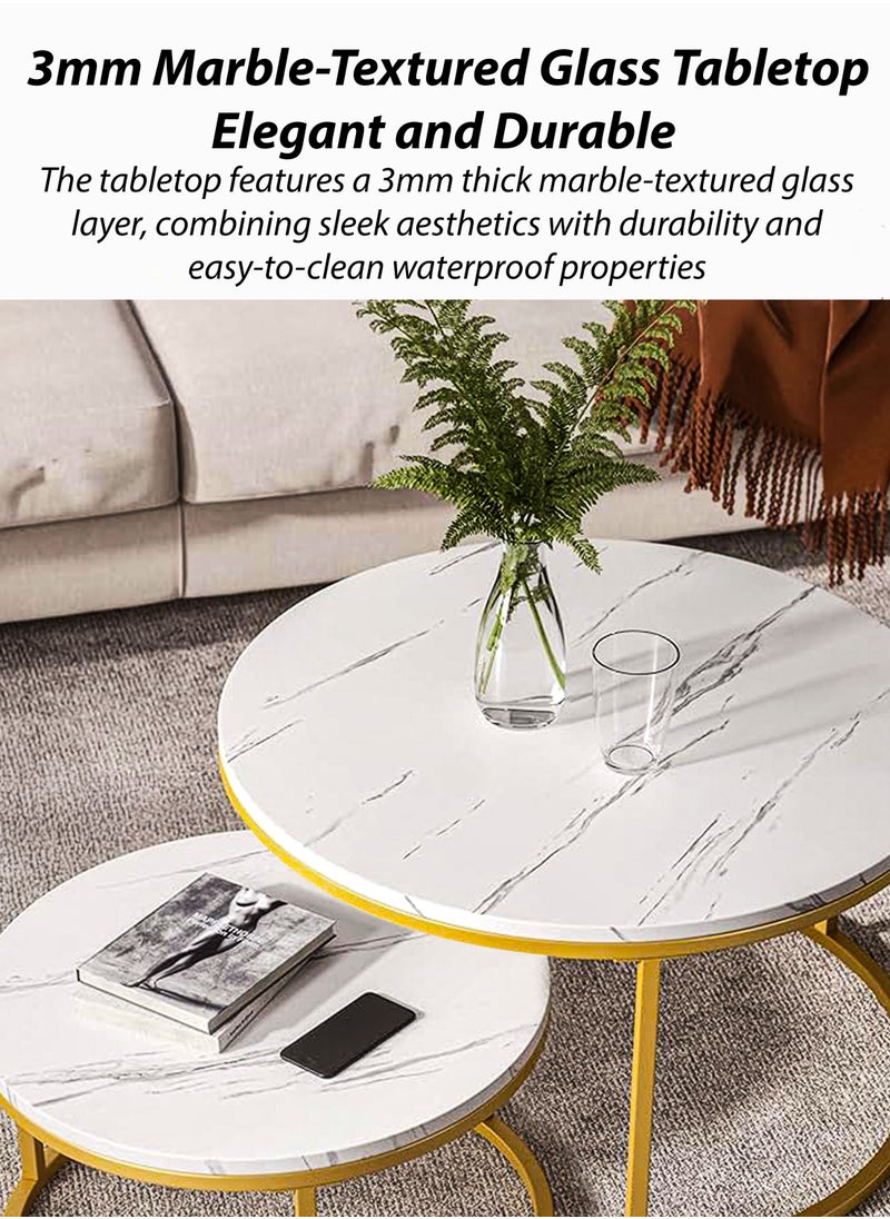 DBLEW - Modern Faux Marble Finish Round Nesting Coffee Table Set of 2 One Small and One Big Side Tea Tables with Golden Steel Base Space Saving Design Durable 3mm Glass Top Waterproof and Scratch-Resistant Perfect for Home Living Room Bedroom Outdoor Garden Patio or Small Spaces Versatile End Table, Sofa Side, Center Table Bedside Tables Stackable Accent Table - Image 1