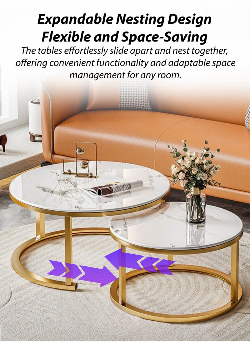DBLEW - Modern Faux Marble Finish Round Nesting Coffee Table Set of 2 One Small and One Big Side Tea Tables with Golden Steel Base Space Saving Design Durable 3mm Glass Top Waterproof and Scratch-Resistant Perfect for Home Living Room Bedroom Outdoor Garden Patio or Small Spaces Versatile End Table, Sofa Side, Center Table Bedside Tables Stackable Accent Table - Image 1