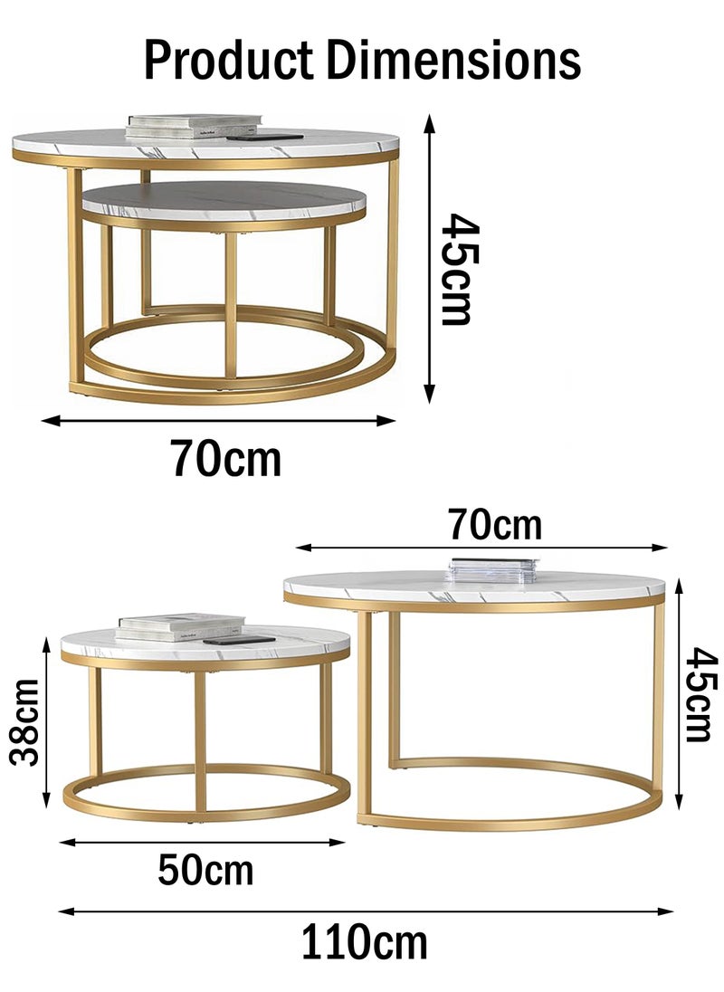 DBLEW - Modern Faux Marble Finish Round Nesting Coffee Table Set of 2 One Small and One Big Side Tea Tables with Golden Steel Base Space Saving Design Durable 3mm Glass Top Waterproof and Scratch-Resistant Perfect for Home Living Room Bedroom Outdoor Garden Patio or Small Spaces Versatile End Table, Sofa Side, Center Table Bedside Tables Stackable Accent Table - Image 1