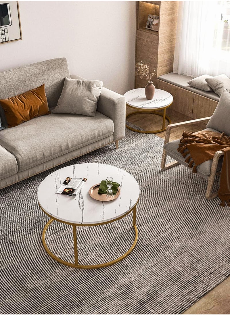 DBLEW - Modern Faux Marble Finish Round Nesting Coffee Table Set of 2 One Small and One Big Side Tea Tables with Golden Steel Base Space Saving Design Durable 3mm Glass Top Waterproof and Scratch-Resistant Perfect for Home Living Room Bedroom Outdoor Garden Patio or Small Spaces Versatile End Table, Sofa Side, Center Table Bedside Tables Stackable Accent Table - Image 1
