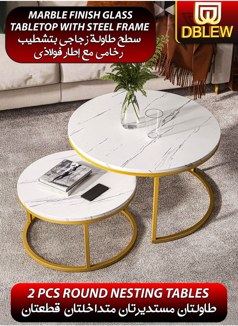 DBLEW - Modern Faux Marble Finish Round Nesting Coffee Table Set of 2 One Small and One Big Side Tea Tables with Golden Steel Base Space Saving Design Durable 3mm Glass Top Waterproof and Scratch-Resistant Perfect for Home Living Room Bedroom Outdoor Garden Patio or Small Spaces Versatile End Table, Sofa Side, Center Table Bedside Tables Stackable Accent Table - Image 1