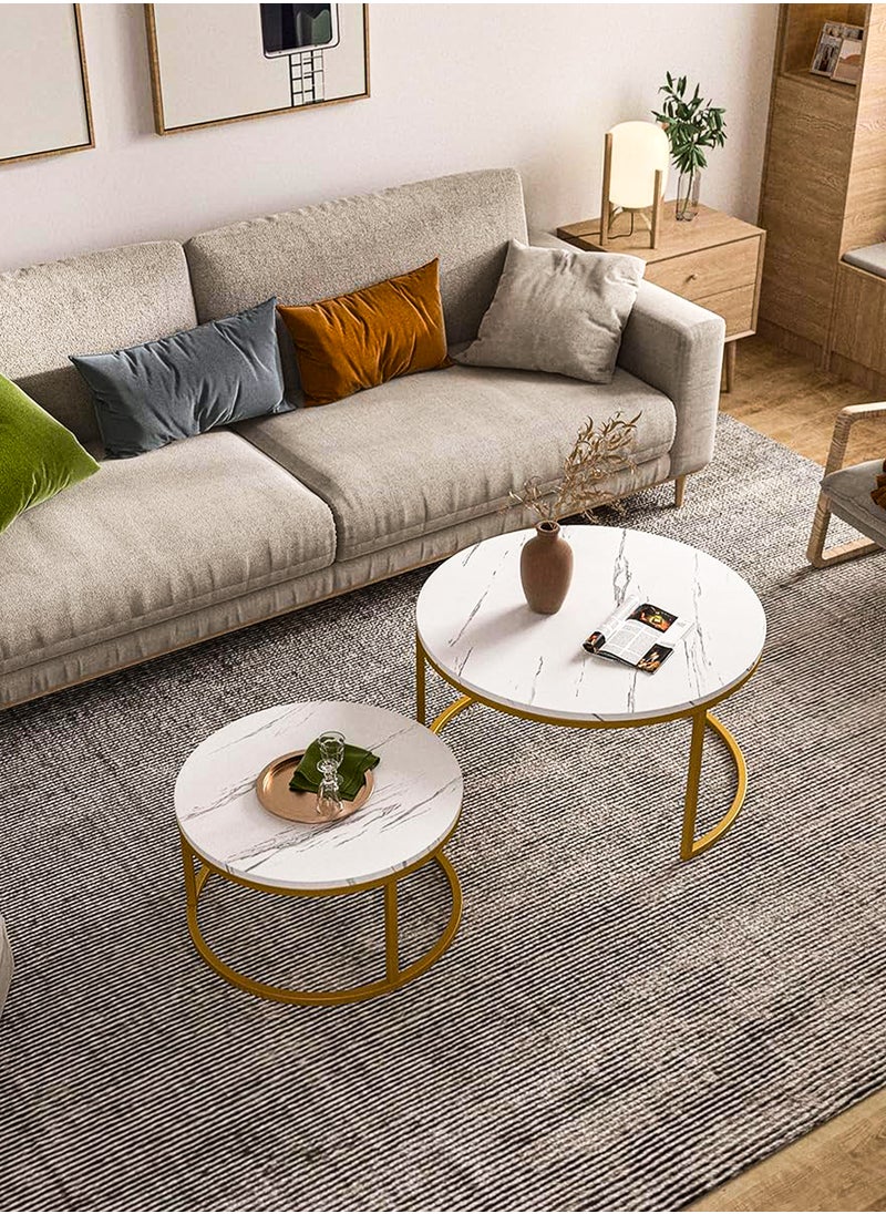 DBLEW - Modern Faux Marble Finish Round Nesting Coffee Table Set of 2 One Small and One Big Side Tea Tables with Golden Steel Base Space Saving Design Durable 3mm Glass Top Waterproof and Scratch-Resistant Perfect for Home Living Room Bedroom Outdoor Garden Patio or Small Spaces Versatile End Table, Sofa Side, Center Table Bedside Tables Stackable Accent Table - Image 1