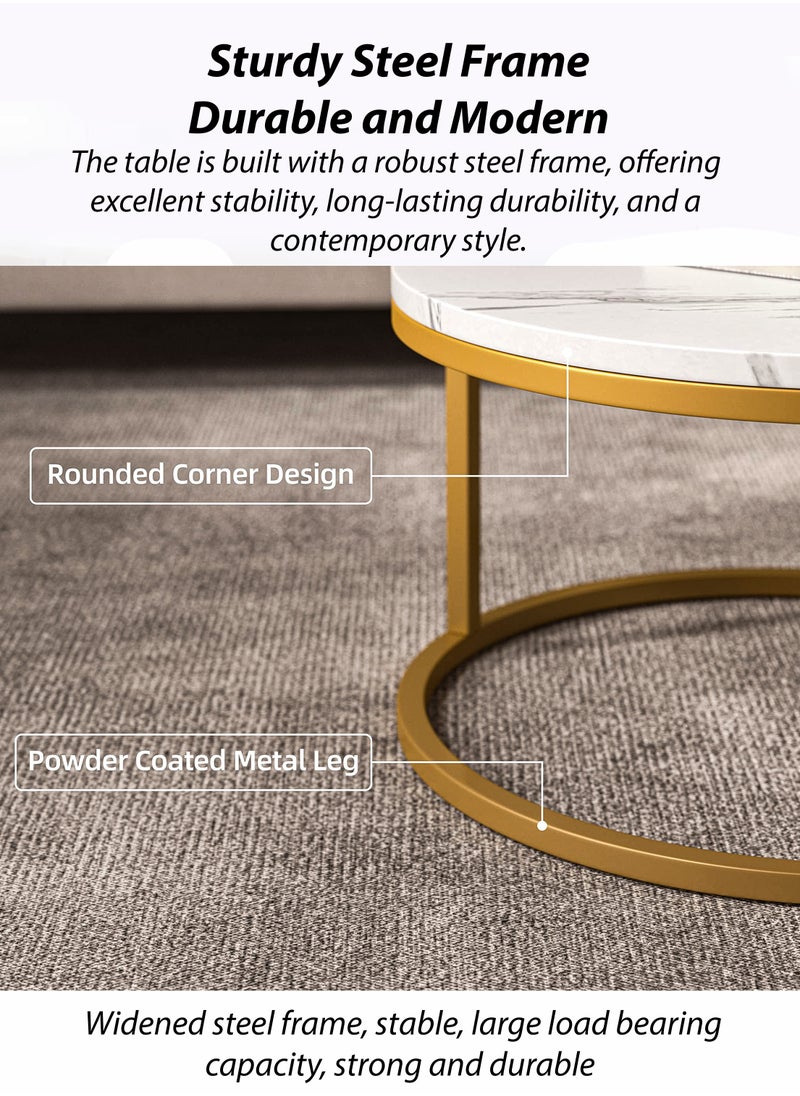 DBLEW - Modern Faux Marble Finish Round Nesting Coffee Table Set of 2 One Small and One Big Side Tea Tables with Golden Steel Base Space Saving Design Durable 3mm Glass Top Waterproof and Scratch-Resistant Perfect for Home Living Room Bedroom Outdoor Garden Patio or Small Spaces Versatile End Table, Sofa Side, Center Table Bedside Tables Stackable Accent Table - Image 1